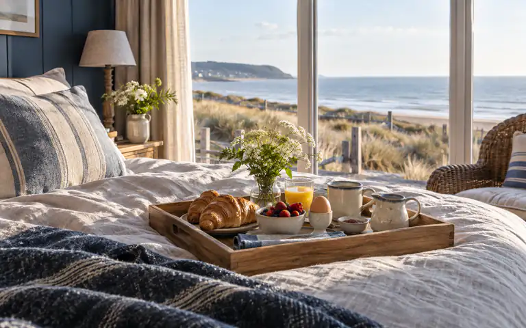 Illustration d’ambiance : petit-déjeuner dans une chambre tournée vers les dunes normandes