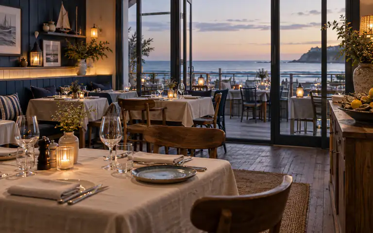 Illustration d’ambiance : salle de restaurant indépendante ouverte sur la côte normande au crépuscule