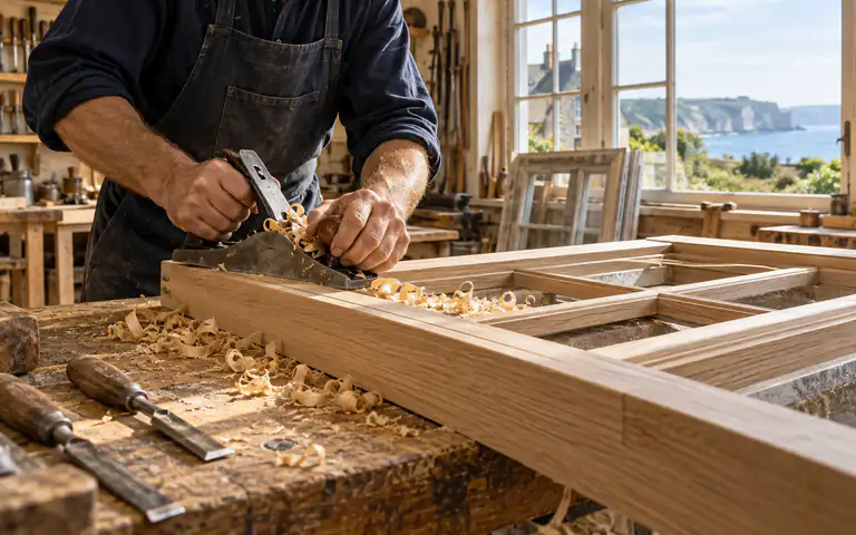 Artisan façonnant une menuiserie en bois dans son atelier