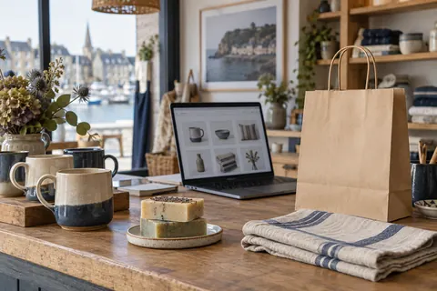 Produits artisanaux et sac de retrait sur le comptoir d’une boutique