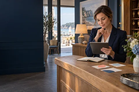 Professionnelle lisant des retours clients sur un ordinateur