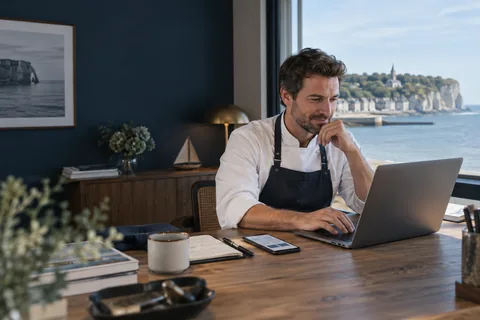 Restaurateur consultant les demandes reçues sur son ordinateur