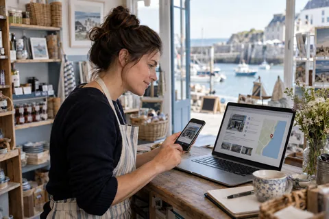 Commerçante consultant sa présence locale sur un ordinateur