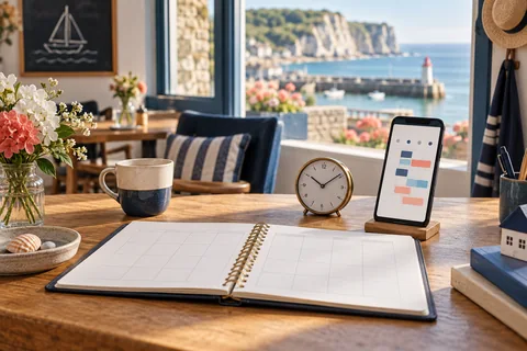 Agenda, horloge et téléphone illustrant la mise à jour d’informations saisonnières