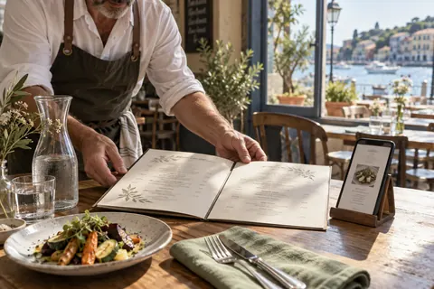 Menu imprimé et téléphone sur la table d’un bistrot