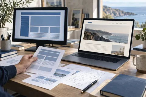 Deux écrans et des plans de pages comparés sur un bureau