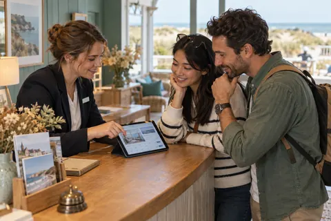 Voyageurs et réceptionniste consultant une tablette dans un hôtel