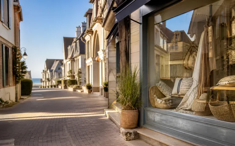 Illustration éditoriale : Boutique indépendante dans une rue du littoral normand