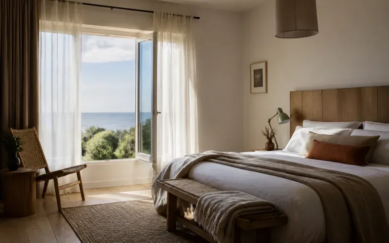 Illustration éditoriale : Chambre d’hôtel claire et apaisante inspirée du littoral normand