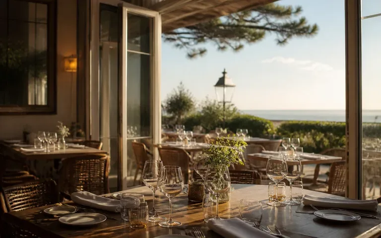 Illustration éditoriale : Restaurant avec terrasse et vue mer, Côte Fleurie