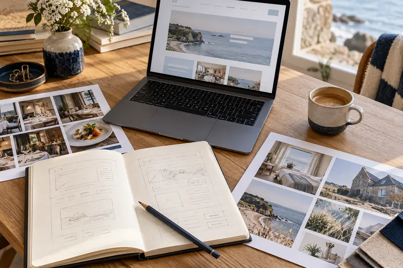 Ordinateur, croquis de pages et planches de photos pour préparer un projet de site Internet.