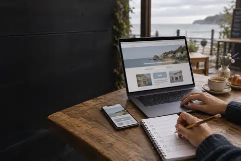 Analyse d’un site Internet sur ordinateur dans un bureau face au littoral