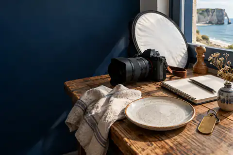 Appareil photo et accessoires préparés pour un reportage de site Internet
