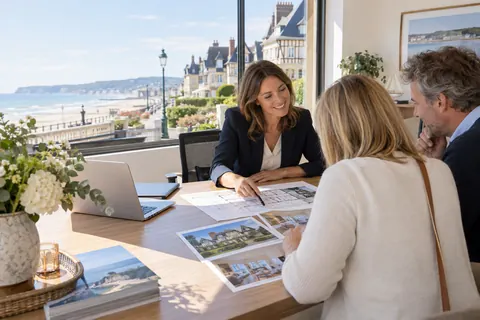 Agence immobilière imaginaire recevant des clients près du littoral
