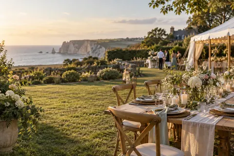 Réception imaginaire préparée dans un jardin normand