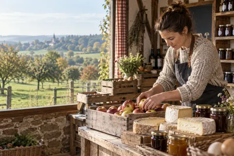 Productrice imaginaire préparant des produits locaux dans le Pays d’Auge