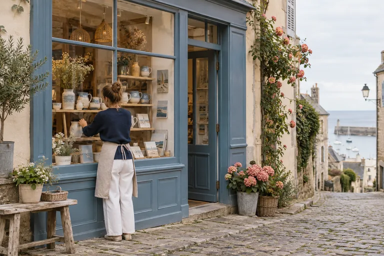 Illustration IA : vitrine d’une boutique imaginaire inspirée du littoral normand