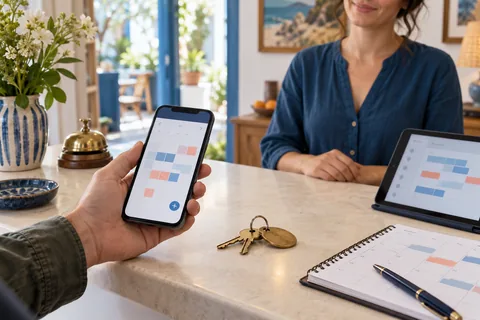 Illustration IA : Téléphone avec calendrier et clés à une réception imaginaire