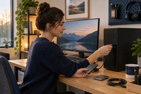 Illustration IA : Technicienne reliant un disque de sauvegarde à un ordinateur